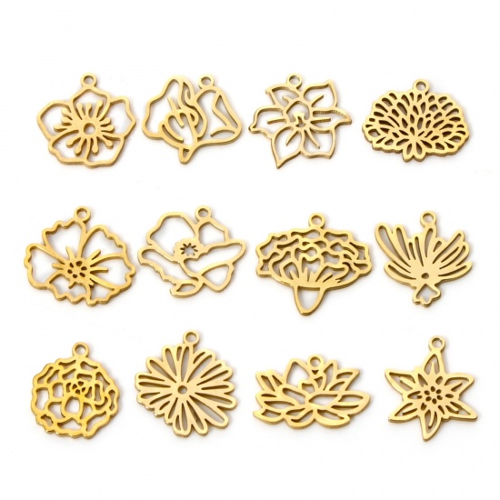 Picture of 304 Stainless Steel Birth Month Flower Charms Gold Plated Hollow