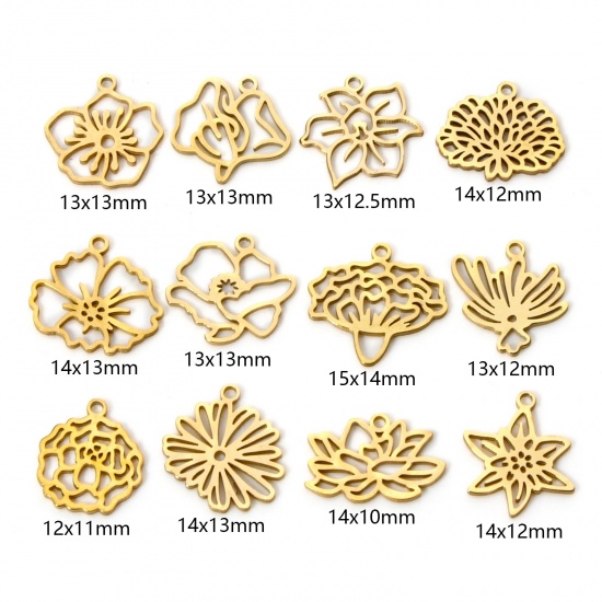 Picture of 304 Stainless Steel Birth Month Flower Charms Gold Plated Hollow