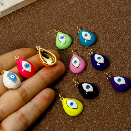 Picture of Eco-friendly Brass Religious Charms 18K Real Gold Plated Drop Evil Eye Enamel 24mm x 13mm