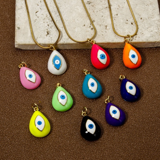 Picture of Eco-friendly Brass Religious Charms 18K Real Gold Plated Drop Evil Eye Enamel 24mm x 13mm