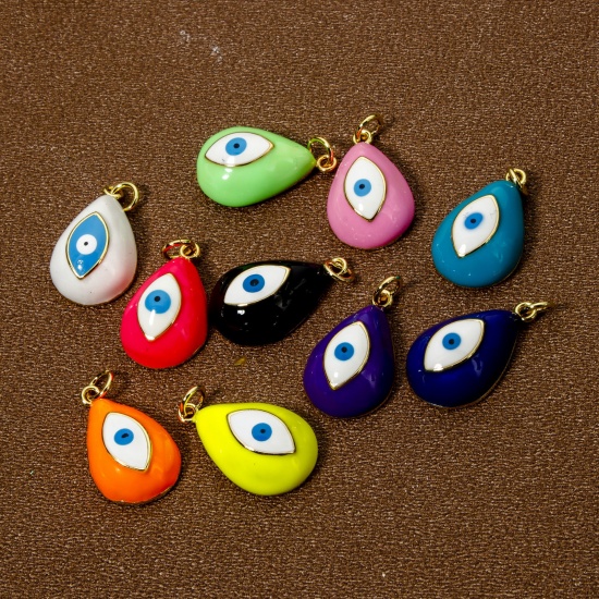 Picture of Eco-friendly Brass Religious Charms 18K Real Gold Plated Drop Evil Eye Enamel 24mm x 13mm