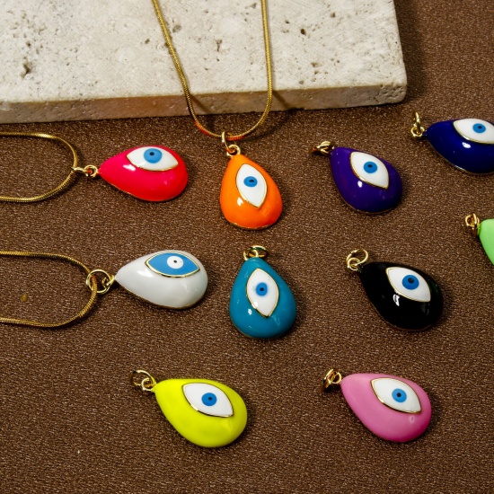 Picture of Eco-friendly Brass Religious Charms 18K Real Gold Plated Drop Evil Eye Enamel 24mm x 13mm