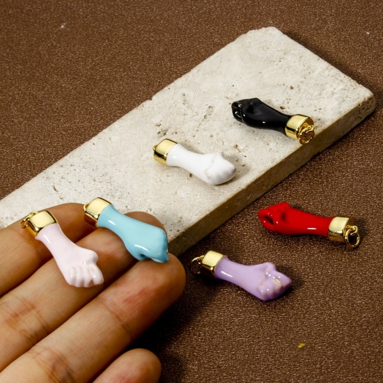 Image de 1 Pièce Breloques en Laiton Respectueux de la Nature Geste de la Main Plaqué Or Véritable 18K Émail 30mm x 9mm