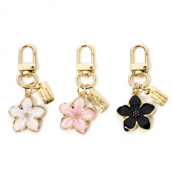 Immagine di 2 Pz Lega di Zinco Collezione Flora Anello Portachiavi Oro Placcato Multicolore Fiore di Sakura Smalto 6.3cm x 2.5cm