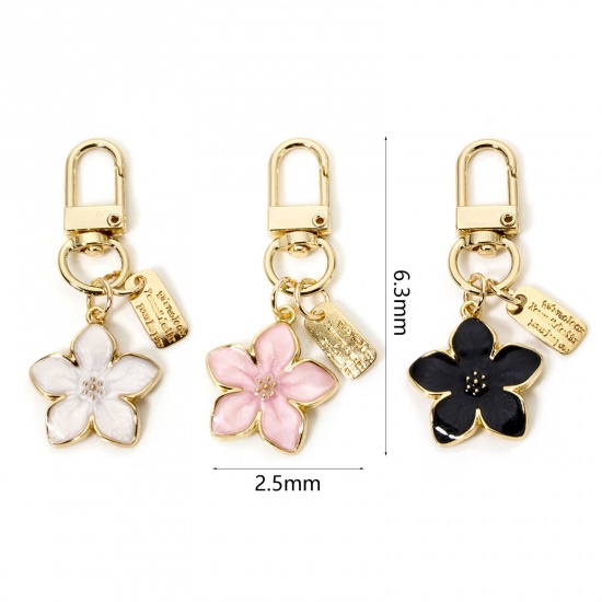 Immagine di 2 Pz Lega di Zinco Collezione Flora Anello Portachiavi Oro Placcato Multicolore Fiore di Sakura Smalto 6.3cm x 2.5cm