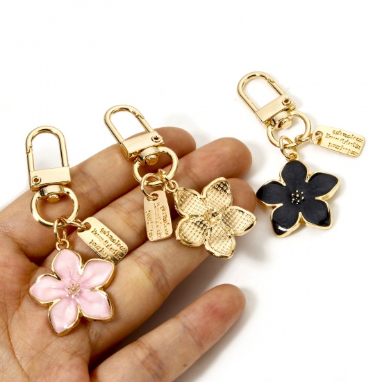 Immagine di 2 Pz Lega di Zinco Collezione Flora Anello Portachiavi Oro Placcato Multicolore Fiore di Sakura Smalto 6.3cm x 2.5cm