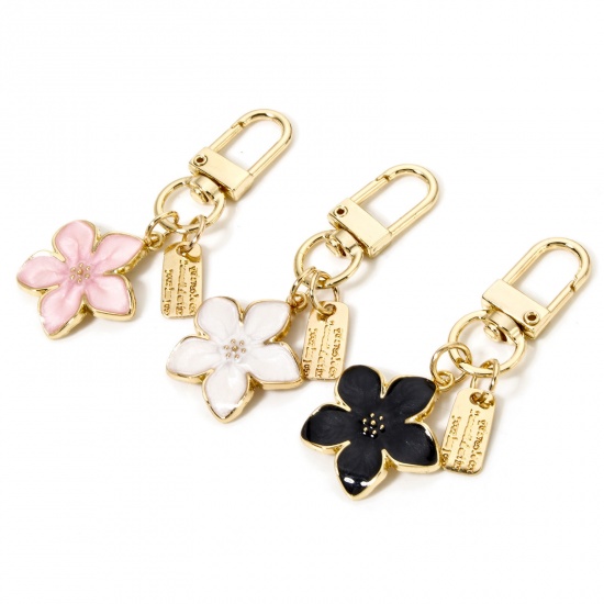 Immagine di 2 Pz Lega di Zinco Collezione Flora Anello Portachiavi Oro Placcato Multicolore Fiore di Sakura Smalto 6.3cm x 2.5cm