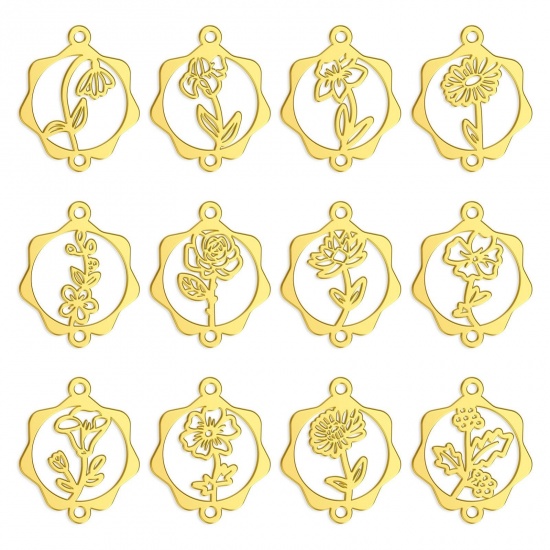 Picture of 304 Stainless Steel Birth Month Flower Connectors Charms Pendants Gold Plated Round Hollow 16mm x 19mm