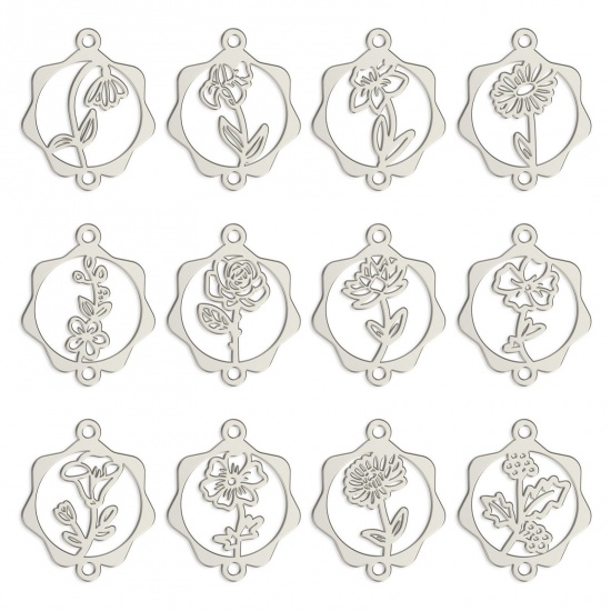 Picture of 304 Stainless Steel Birth Month Flower Connectors Charms Pendants Gold Plated Round Hollow 16mm x 19mm