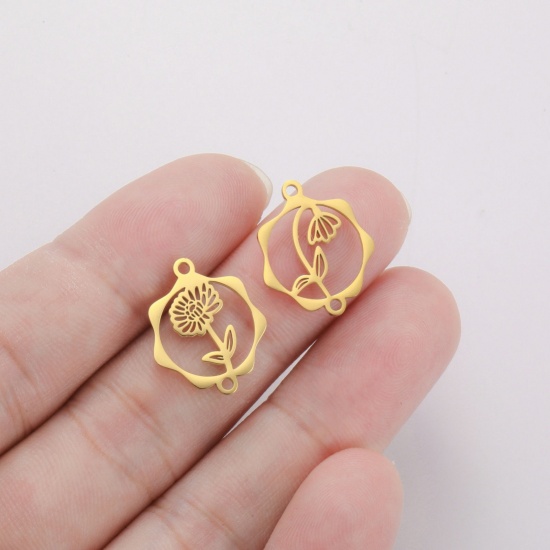 Picture of 304 Stainless Steel Birth Month Flower Connectors Charms Pendants Gold Plated Round Hollow 16mm x 19mm