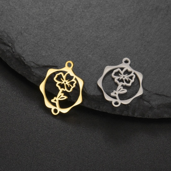 Picture of 304 Stainless Steel Birth Month Flower Connectors Charms Pendants Gold Plated Round Hollow 16mm x 19mm