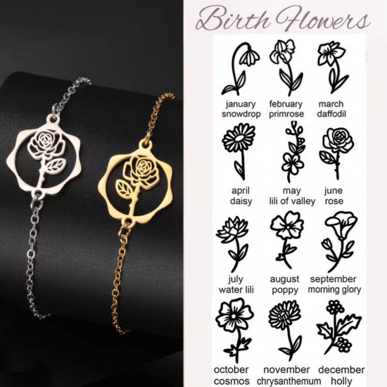 Picture of 304 Stainless Steel Birth Month Flower Connectors Charms Pendants Gold Plated Round Hollow 16mm x 19mm