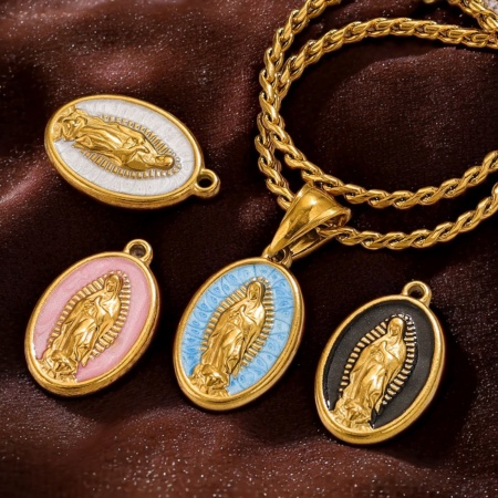 Immagine di 1 Pz Placcatura Sottovuoto 304 Acciaio Inossidabile Religione Ciondoli Ovale Placcato Oro 18K Multicolore Vergine Maria Smalto 23mm x 14.5mm