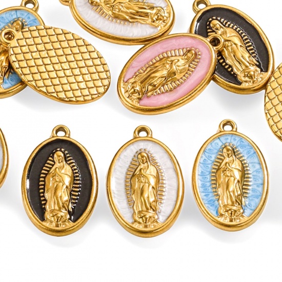 Image de 1 Pièce Breloques en 304 Acier Inoxydable Placage sous Vide Religieux Ovale Plaqué Or 18K Multicolore Sainte Vierge Marie Émail 23mm x 14.5mm