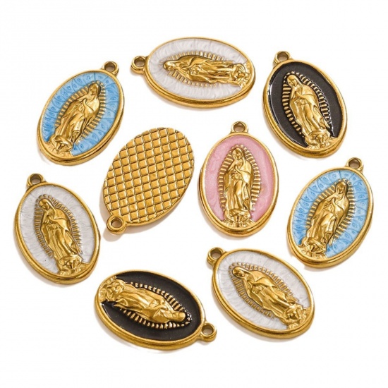 Image de 1 Pièce Breloques en 304 Acier Inoxydable Placage sous Vide Religieux Ovale Plaqué Or 18K Multicolore Sainte Vierge Marie Émail 23mm x 14.5mm
