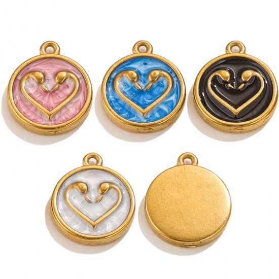 Picture of Vacuum Plating 304 Stainless Steel Charms 18K Gold Plated Round Heart Enamel 17mm x 14mm