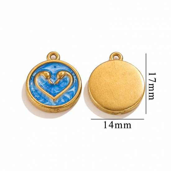 Picture of Vacuum Plating 304 Stainless Steel Charms 18K Gold Plated Round Heart Enamel 17mm x 14mm