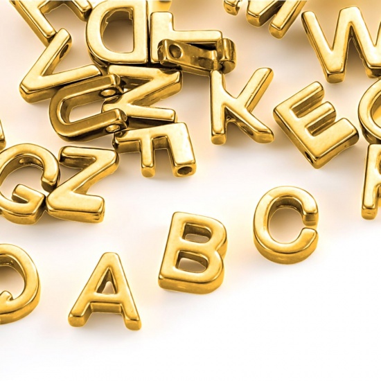 Image de 5 Pcs Breloques en 304 Acier Inoxydable Placage sous Vide Mini Plaqué Or 18K Alphabet Initial/ Lettre Majuscule Gravé Mots" A-Z " Brunissage au Rouleau