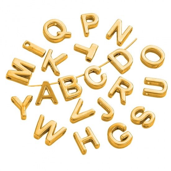 Image de 5 Pcs Breloques en 304 Acier Inoxydable Placage sous Vide Mini Plaqué Or 18K Alphabet Initial/ Lettre Majuscule Gravé Mots" A-Z " Brunissage au Rouleau