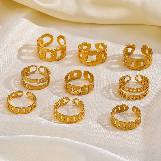Image de 1 Piece Eco-friendly Vacuum Plating 304 Stainless Steel Open Adjustable Rings 18K Gold Plated Link Chain 17mm(US Size 6.5)