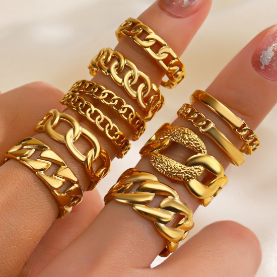 Image de 1 Piece Eco-friendly Vacuum Plating 304 Stainless Steel Open Adjustable Rings 18K Gold Plated Link Chain 17mm(US Size 6.5)