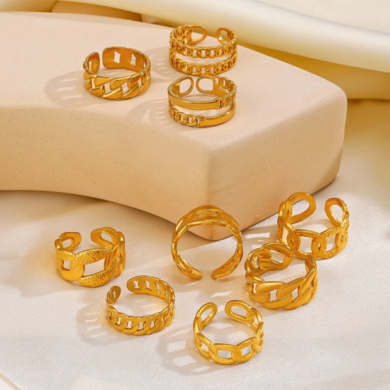 Image de 1 Piece Eco-friendly Vacuum Plating 304 Stainless Steel Open Adjustable Rings 18K Gold Plated Link Chain 17mm(US Size 6.5)