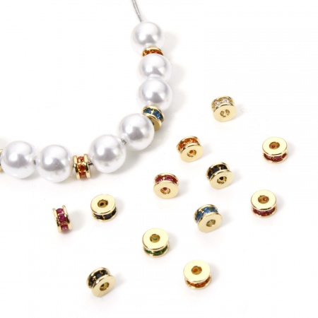 Eco-friendly Brass Spacer Beads For DIY Bracelet Jewelry Making Findings 18K Real Gold Plated Flat Round Multicolour Cubic Zirconia About 5mm Dia., Hole: Approx 1.8mm