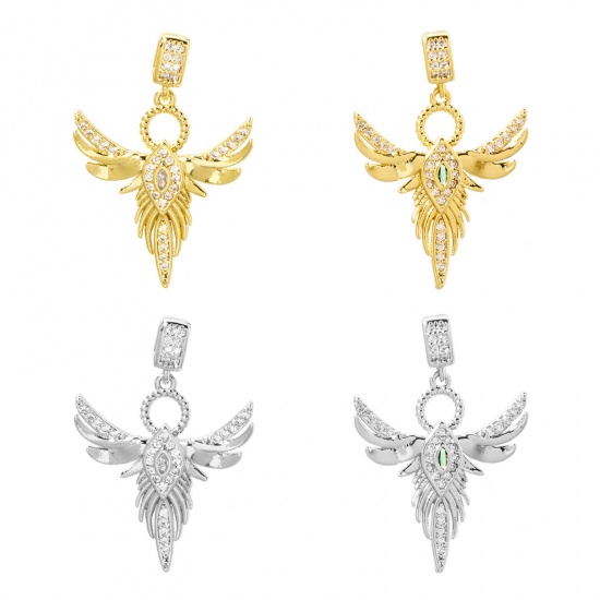 Picture of 1 Piece Brass Religious Pendants Multicolor Angel Wing Micro Pave Clear Cubic Zirconia 3.2cm x 2.2cm