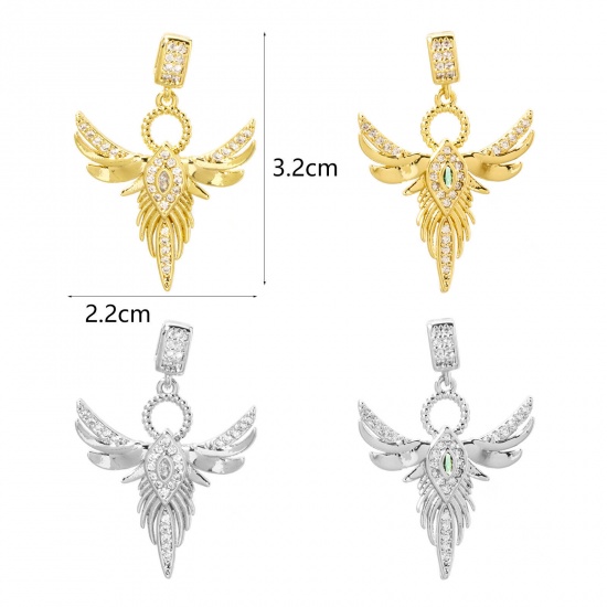 Picture of 1 Piece Brass Religious Pendants Multicolor Angel Wing Micro Pave Clear Cubic Zirconia 3.2cm x 2.2cm