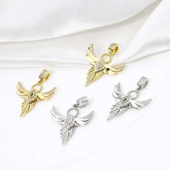 Picture of 1 Piece Brass Religious Pendants Multicolor Angel Wing Micro Pave Clear Cubic Zirconia 3.2cm x 2.2cm