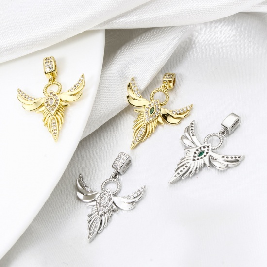 Picture of 1 Piece Brass Religious Pendants Multicolor Angel Wing Micro Pave Clear Cubic Zirconia 3.2cm x 2.2cm