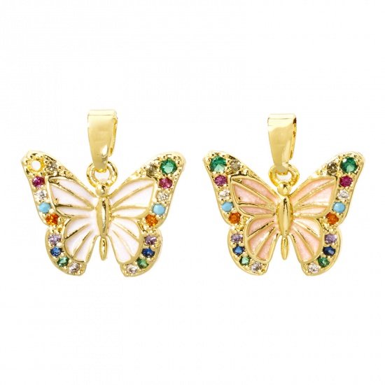 2 PCs Brass Charm Pendant 18K Gold Plated Butterfly Animal Enamel Multicolour Cubic Zirconia 17mm x 16mm の画像