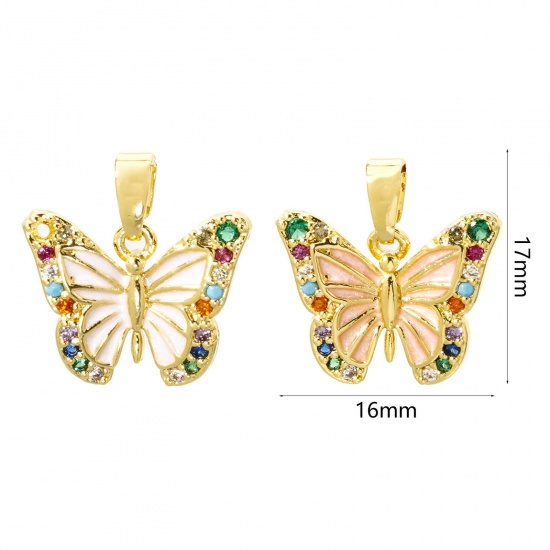 2 PCs Brass Charm Pendant 18K Gold Plated Butterfly Animal Enamel Multicolour Cubic Zirconia 17mm x 16mm の画像