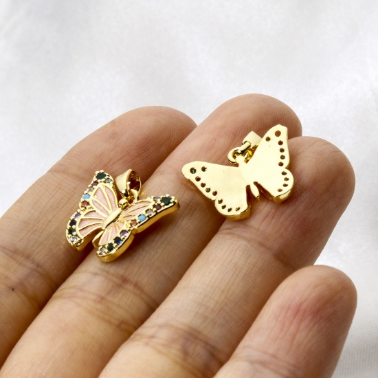 2 PCs Brass Charm Pendant 18K Gold Plated Butterfly Animal Enamel Multicolour Cubic Zirconia 17mm x 16mm の画像