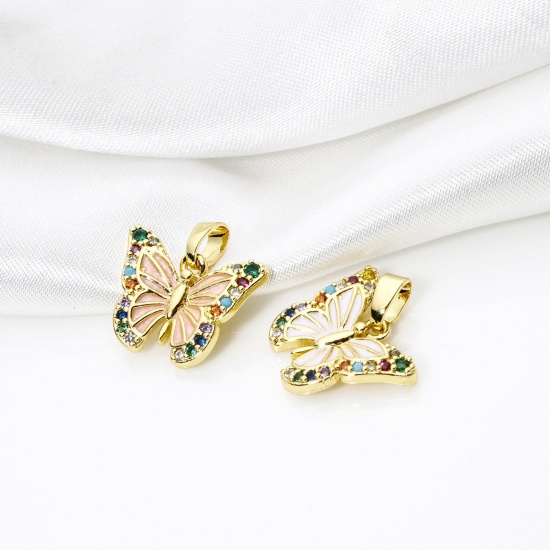 2 PCs Brass Charm Pendant 18K Gold Plated Butterfly Animal Enamel Multicolour Cubic Zirconia 17mm x 16mm の画像