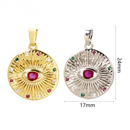 Immagine di 2 PCs Brass Religious Charm Pendant Multicolor Round Eye of Providence/ All-seeing Eye Multicolour Cubic Zirconia 24mm x 17mm