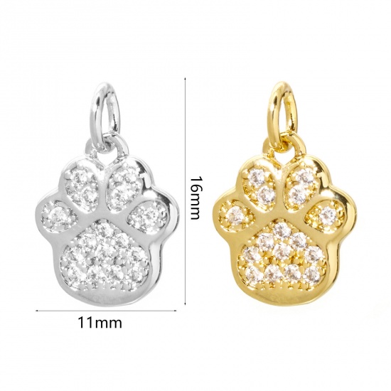 2 PCs Brass Pet Memorial Charms Multicolor Dog Paw Claw Micro Pave Clear Cubic Zirconia 16mm x 11mm の画像