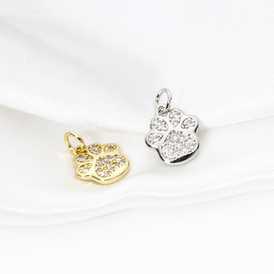 2 PCs Brass Pet Memorial Charms Multicolor Dog Paw Claw Micro Pave Clear Cubic Zirconia 16mm x 11mm の画像