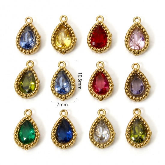 Picture of 5 PCs Eco-friendly Vacuum Plating 304 Stainless Steel Geometric Charms 18K Real Gold Plated Drop Multicolour Cubic Zirconia 10.5mm x 7mm