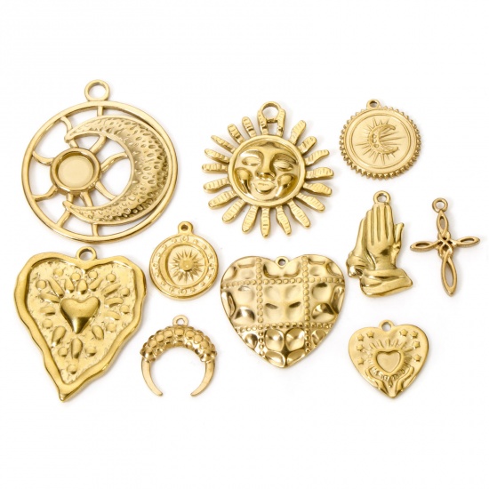 Picture of 2 PCs Eco-friendly Vacuum Plating 304 Stainless Steel Charms 18K Real Gold Plated Sun Moon