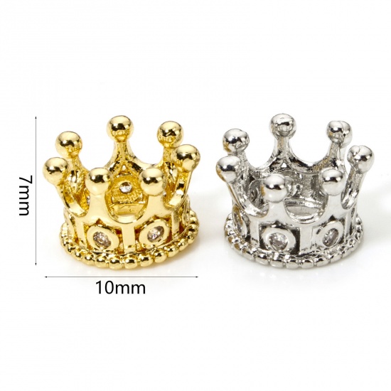 2 PCs Brass Micro Pave Beads For DIY Jewelry Making Multicolor Crown Clear Cubic Zirconia About 10mm x 7mm, Hole: Approx 5.2mm の画像