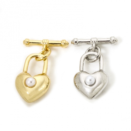 2 Sets Brass Toggle Clasps Heart Lock Multicolor Acrylic Imitation Pearl 13mm x 9mm の画像