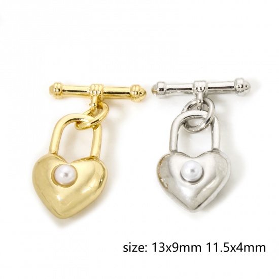 2 Sets Brass Toggle Clasps Heart Lock Multicolor Acrylic Imitation Pearl 13mm x 9mm の画像