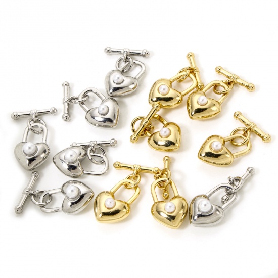 2 Sets Brass Toggle Clasps Heart Lock Multicolor Acrylic Imitation Pearl 13mm x 9mm の画像