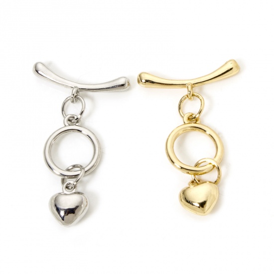 2 Sets Brass Toggle Clasps Round Heart Multicolor 23mm x 11mm の画像