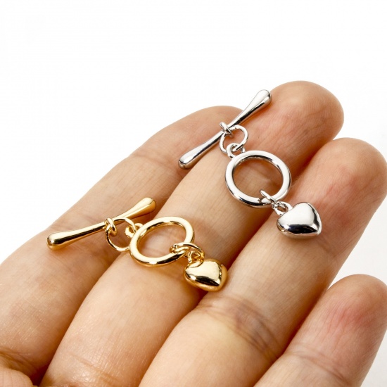 2 Sets Brass Toggle Clasps Round Heart Multicolor 23mm x 11mm の画像