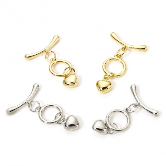 2 Sets Brass Toggle Clasps Round Heart Multicolor 23mm x 11mm の画像