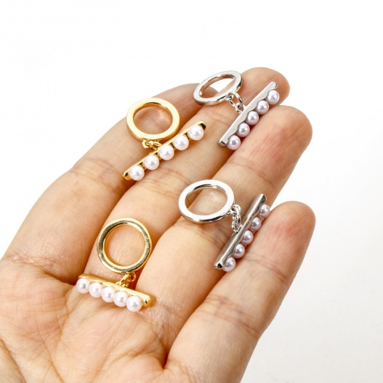 2 Sets Brass Toggle Clasps Round Multicolor Acrylic Imitation Pearl 14.5mm x 12mm の画像