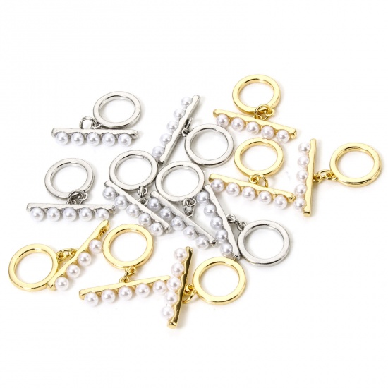 2 Sets Brass Toggle Clasps Round Multicolor Acrylic Imitation Pearl 14.5mm x 12mm の画像