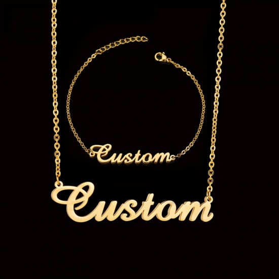 Picture of 304 Stainless Steel Customized Name Necklace Personalized Letter Charm Pendant Gold Plated 45cm(17.7") long